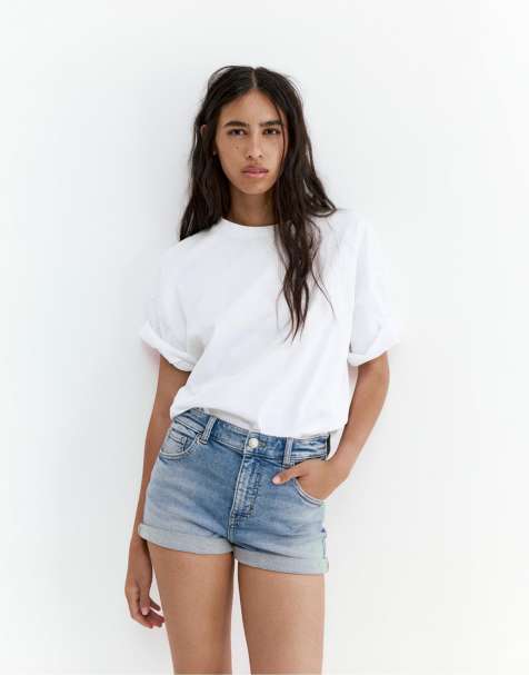 Pull&Bear – Blekblå jeansshorts med medelhög midja - view 1