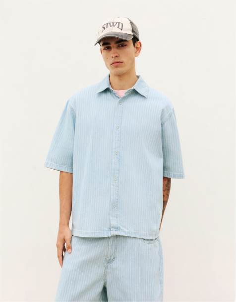 Pull&Bear – Blekblå, randig jeansskjorta med korta ärmar - view 1