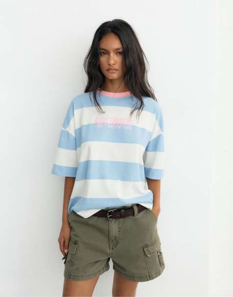 Pull&Bear – Blekblå, randig t-shirt i oversize med tryck - view 1