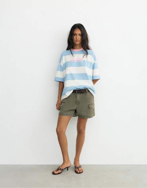 Pull&Bear – Blekblå, randig t-shirt i oversize med tryck, 4 av 4