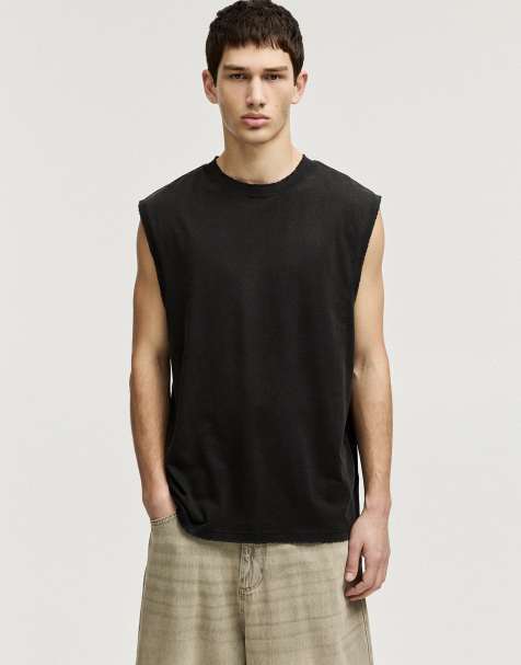 Pull&Bear – Bleksvart, ärmlös t-shirt - view 1