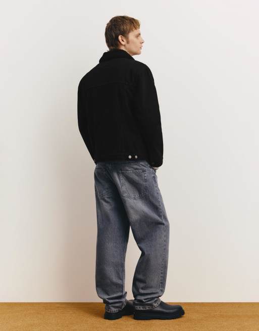 Pull&Bear – Bleksvart jeansjacka med krage i fårskinnsimitation, 4 av 4