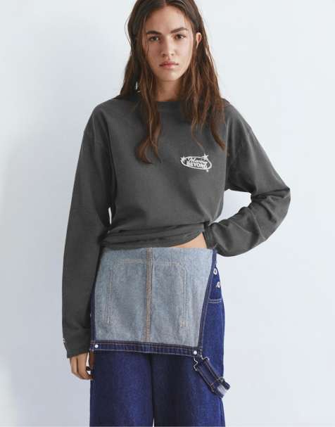 Pull&Bear – Bleksvart t-shirt med långa ärmar och tryck - view 1