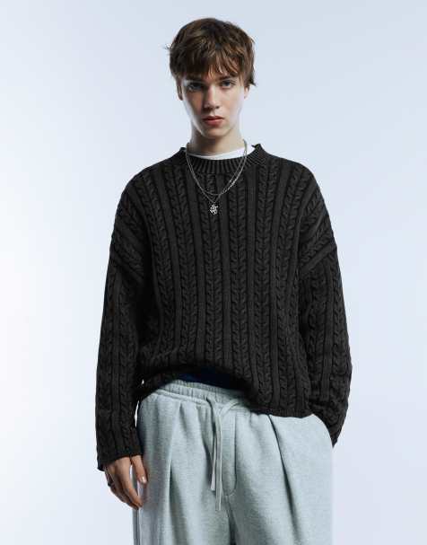 Pull&Bear – Bleksvart, tvättad, kabelstickad tröja - view 1