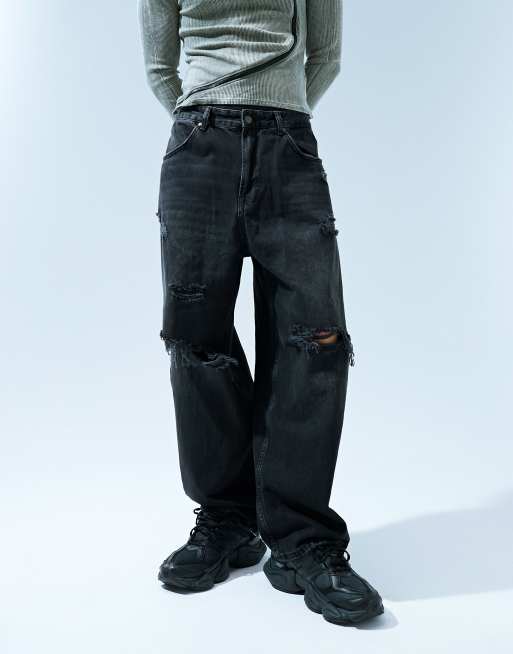 Pull&Bear – Bleksvarta jeans i skater-stil med revor