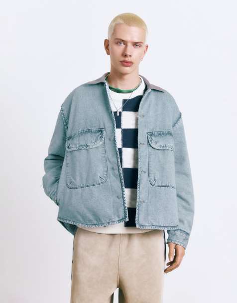 Pull&Bear – Blekt indigoblå jeansjacka med kontrastfärgad krage - view 1