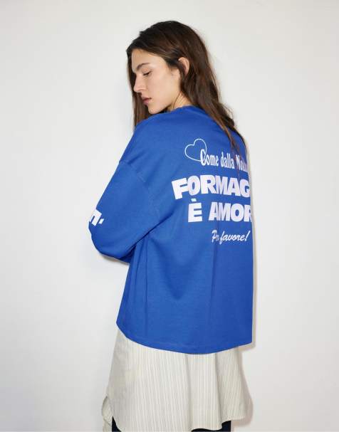 Pull&Bear - Blækblå T-shirt med 'Formaggio è Amore'-print - view 1