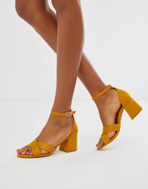 Pull Bear block heel sandal with cross front in mustard