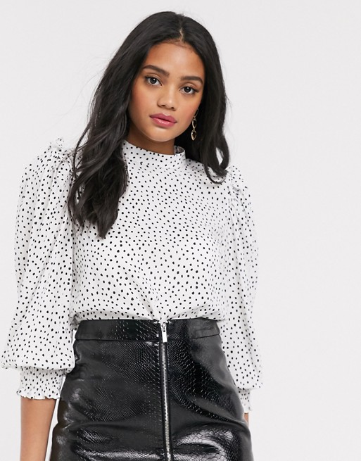 Pull&Bear blouse with frill detail in white polka dot