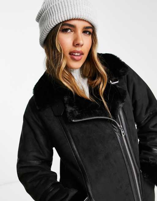 Pull Bear Blouson aviateur oversize en fausse fourrure Noir ASOS