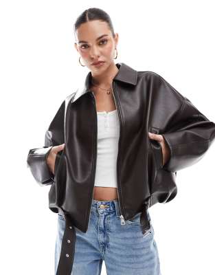Pull&Bear - Blouson oversize style motard imitation cuir - Chocolat