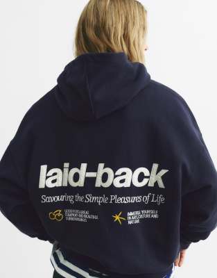 Pull&Bear Blue slogan hoodie in navy | ASOS