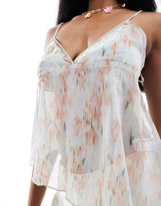 Pull&Bear – Blurrigt blommigt linne med asymmetrisk fåll, 3 av 4
