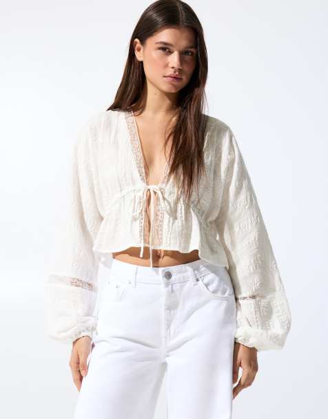 Pull&Bear - Blusa in pizzo bianca con fiocco - view 1