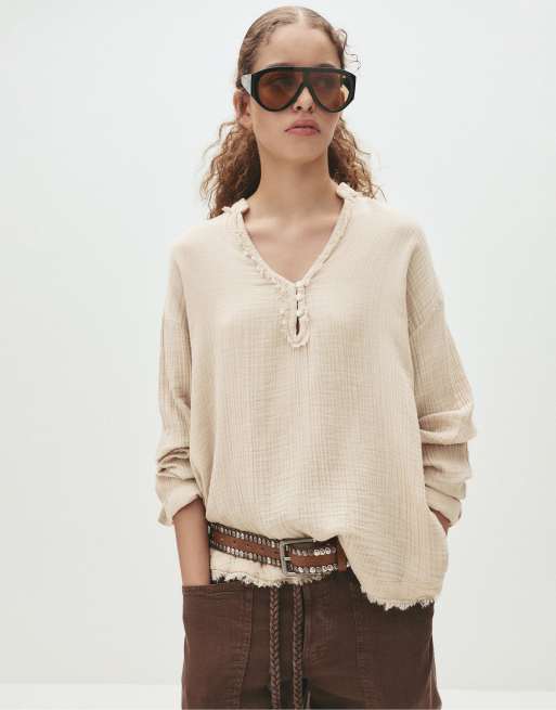 Pull&Bear - Blusa oversize color sabbia con colletto