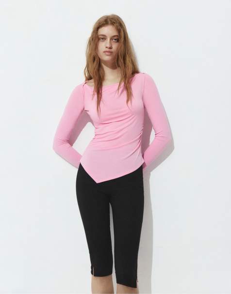 Pull&Bear Boat neck top with gathered detail in pink - view 1