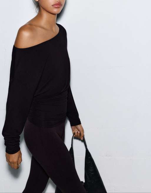 Pull&Bear Boat neck top with waistband in black, 4 of 7