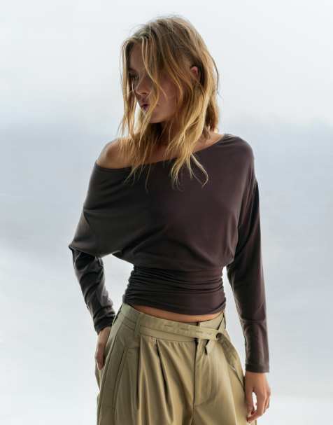 Pull&Bear Boat neck top with waistband in brown