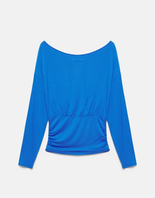 Pull&Bear Boat neck top with waistband in deep blue, 6 of 7