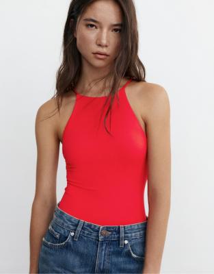 Pull & Bear - Body à encolure américaine à bretelles - Rouge