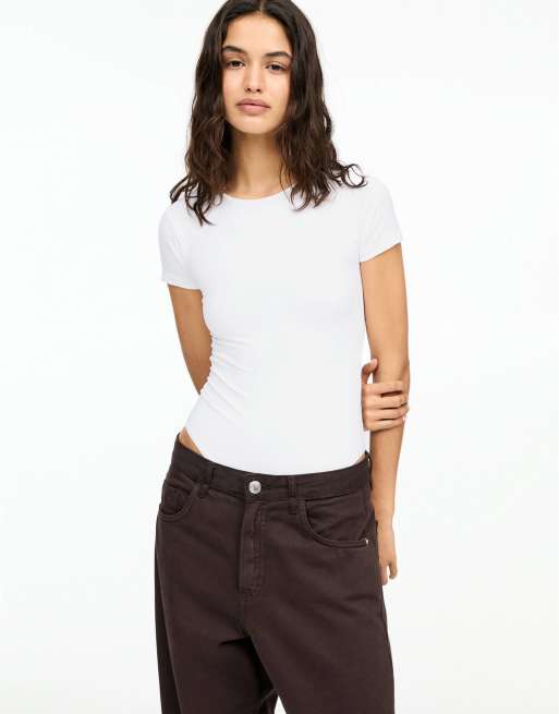 Pull&Bear - Body a maniche corte in poliammide bianco