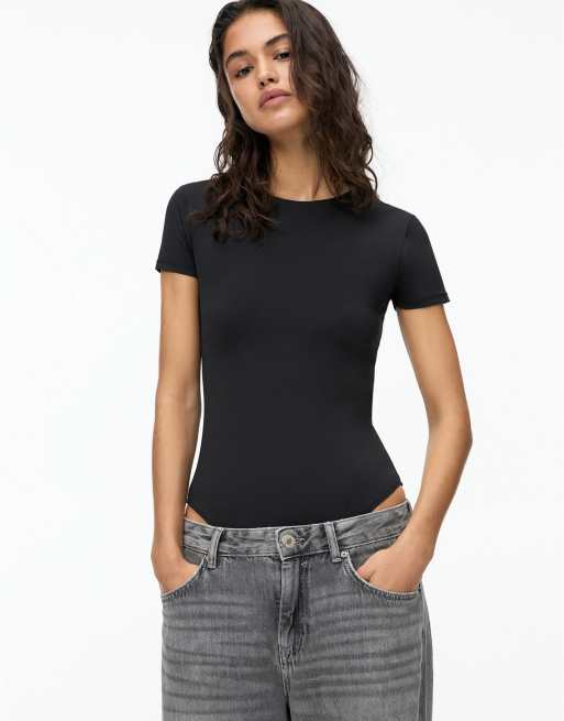 Pull&Bear - Body a maniche corte in poliammide nero
