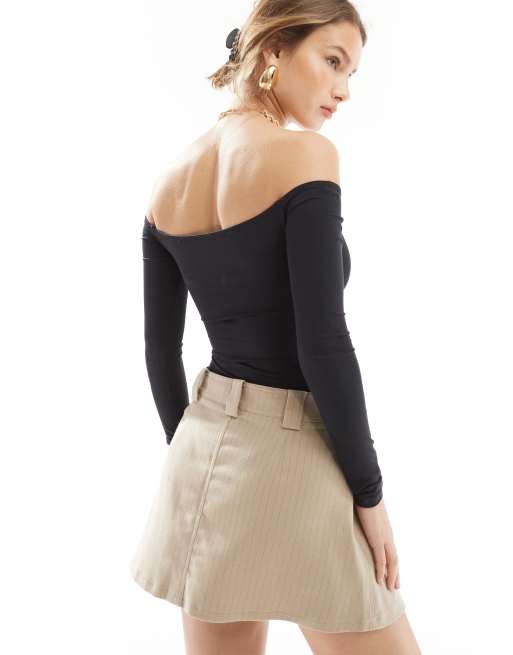 Pull&Bear - Body a maniche lunghe nero in poliammide con scollo alla Bardot