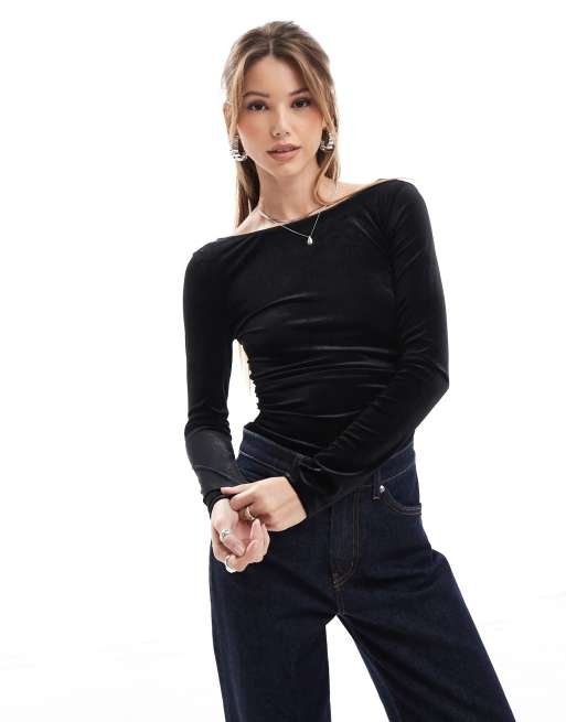 Pull&Bear - Body a maniche lunghe nero in velluto
