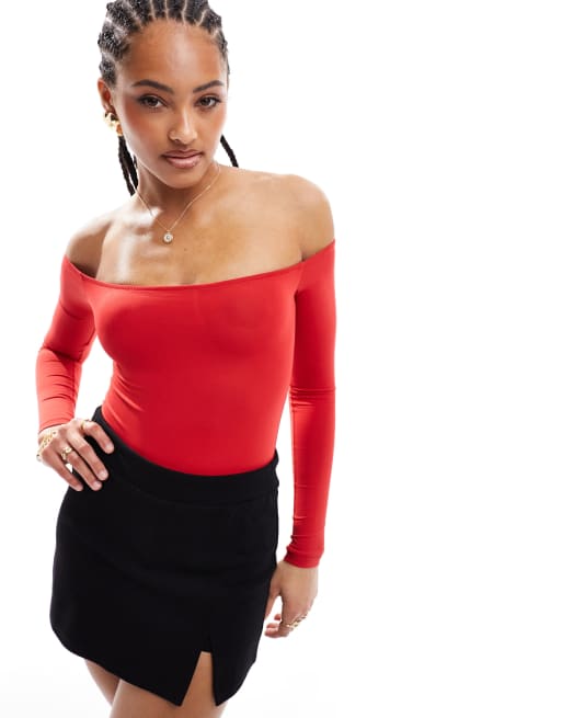 Pull&Bear - Body a maniche lunghe rosso in poliammide con scollo alla Bardot