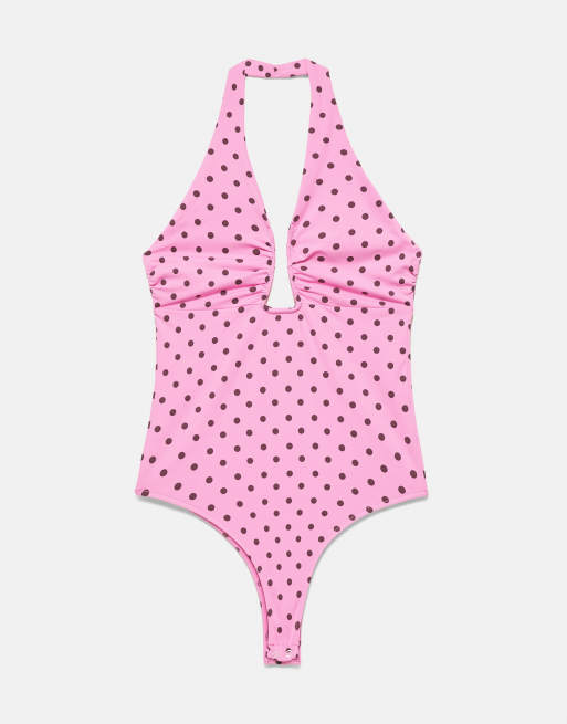 Pull&Bear body con allacciatura al collo arricciato rosa, 5 di 7