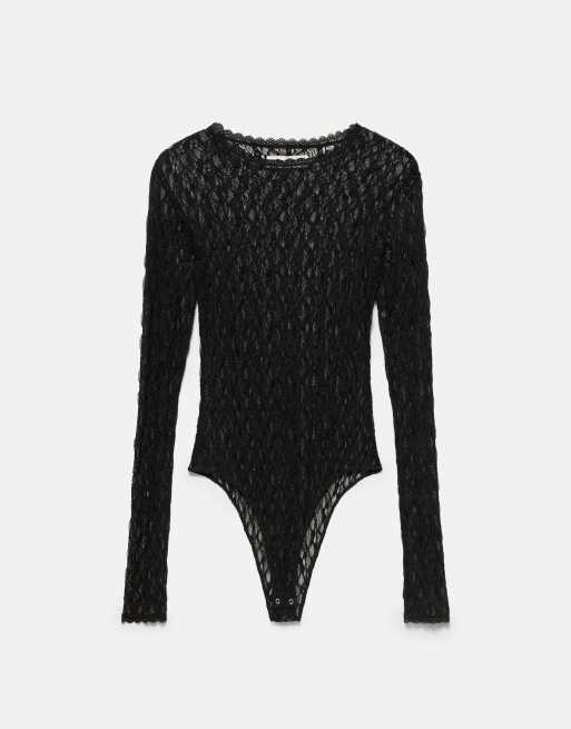 Pull&Bear body en dentelle à manches longues noir, 4 de 7