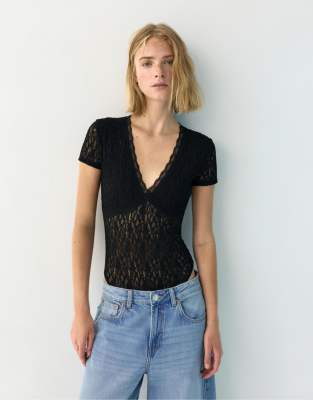 Pull & Bear - Body manches courtes en dentelle - Noir