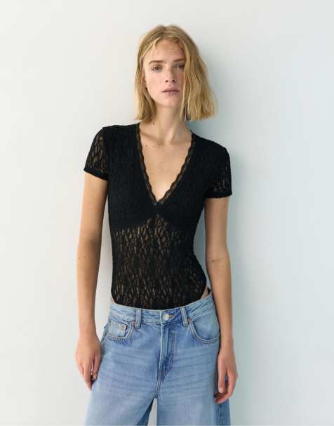Pull&Bear - Body manches courtes en dentelle - Noir - view 1