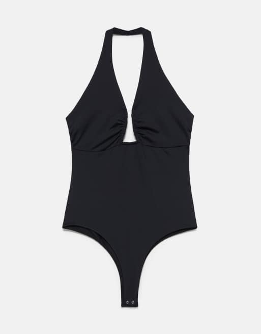Pull&Bear body med halterneck och rynkdetaljer i svart, 6 av 7