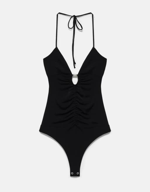 Pull&Bear bodystocking med halterneck og rynkeeffekt i sort, 5 af 7