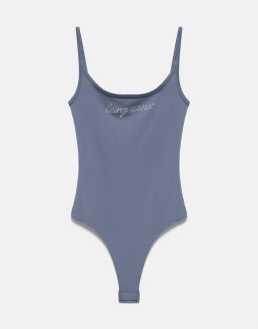 Pull&Bear bodystocking med rhinsten og grafik i blågrå, 6 af 7