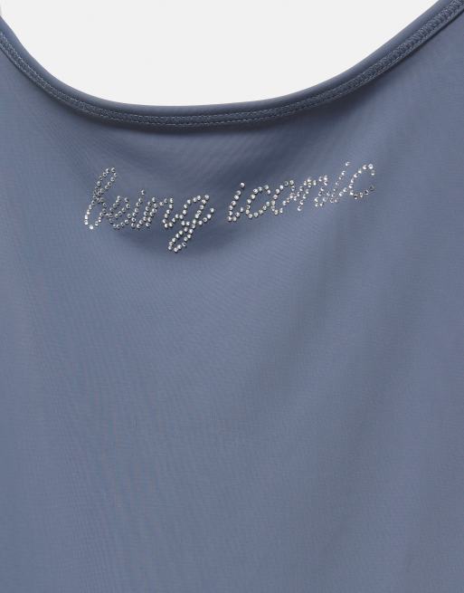 Pull&Bear bodysuit med strassgrafik i blågrått, 7 av 7