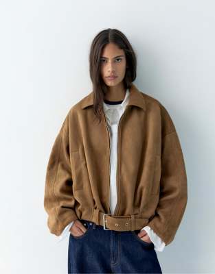 Pull & Bear - Bomber en imitation daim - Caramel-Brown