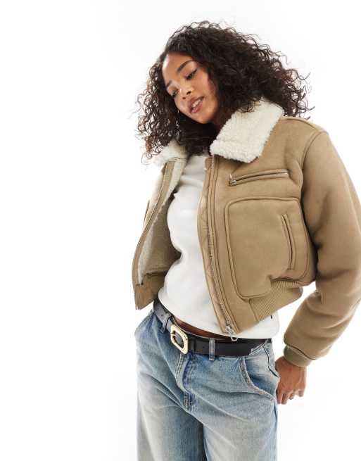 Pull&Bear - Bomber in camoscio sintetico color cammello con colletto in montone