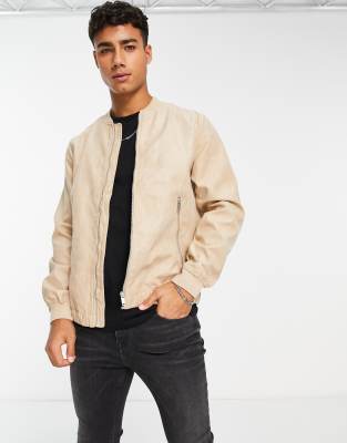 Pull&Bear bomber jacket in beige faux suede