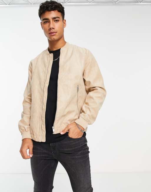 Pull&Bear bomber jacket in beige faux suede | ASOS