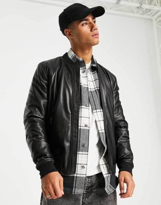 Pull&Bear bomber jacket in black faux leather | ASOS