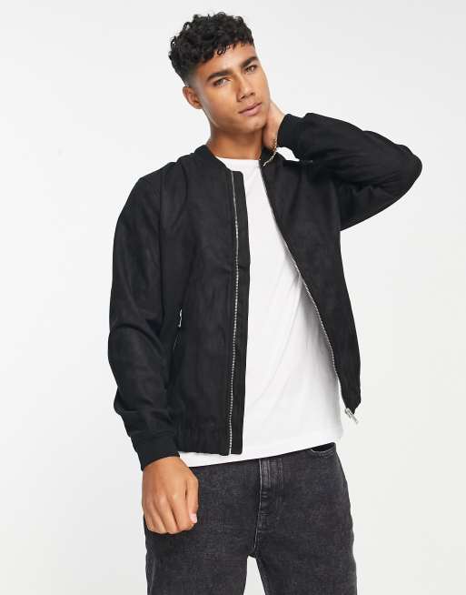 Pull&Bear bomber jacket in black faux suede | ASOS