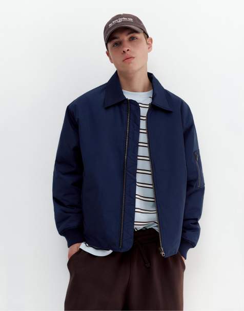 Pull&Bear Bomber jacket with shirt collar in navy - view 1