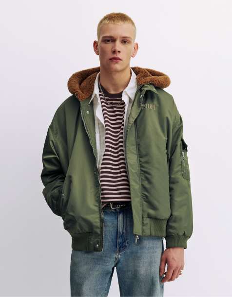 Pull&Bear - Bomberjack van gecombineerde stof met capuchon in kaki - view 1