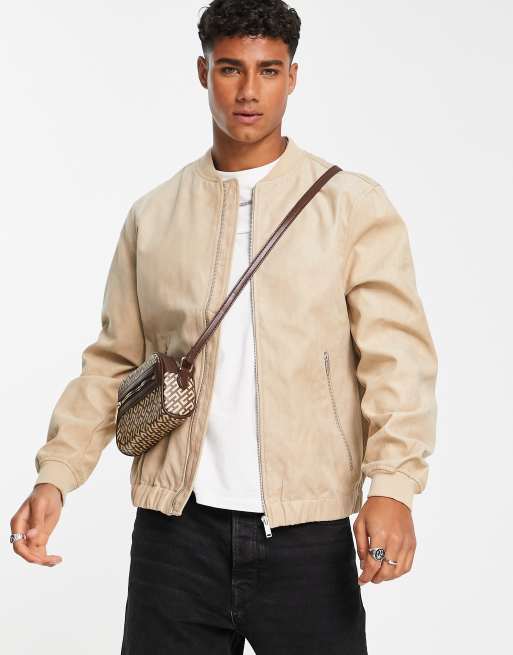 Pull&Bear – Bomberjacke in Beige aus Wildlederimitat