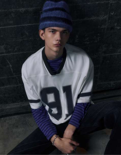 Pull&Bear - Bonnet en maille à rayures - Bleu - view 1