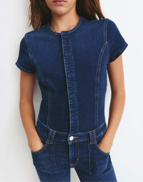Pull&Bear Bootcut denim jumpsuit in dark blue - view 1