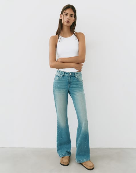 Pull&Bear bootcut-jeans med rhinsten i grønblå - view 1