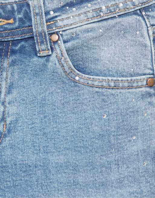 Pull&Bear bootcut-jeans med rhinsten i mellemblå, 7 af 7